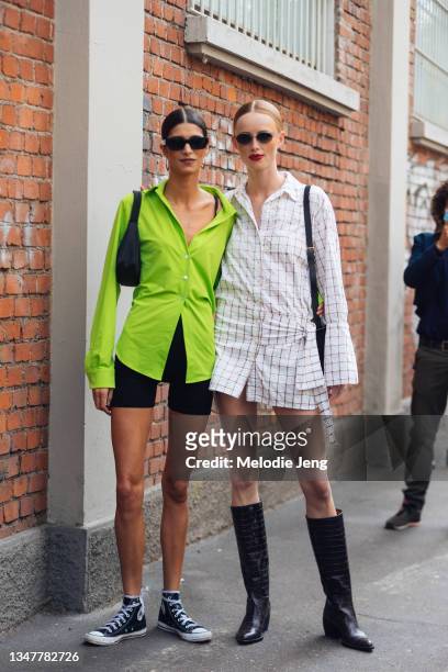 Models Mica Arganaraz and Rianne van Rompaey after the Fendi show during Milan Fashion Week SS22 show on September 22, 2021 in New York City. Mica...