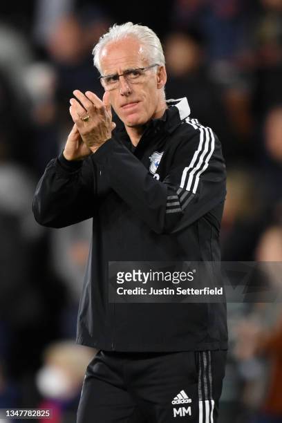 Mick McCarthy, Manager of Cardiff City applauds the fans prior to the Sky Bet Championship match between Fulham and Cardiff City at Craven Cottage on...