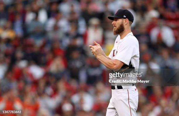 Chris Sale of the Boston Red Sox stands on the mound in the second inning of Game Five of the American League Championship Series against the Houston...