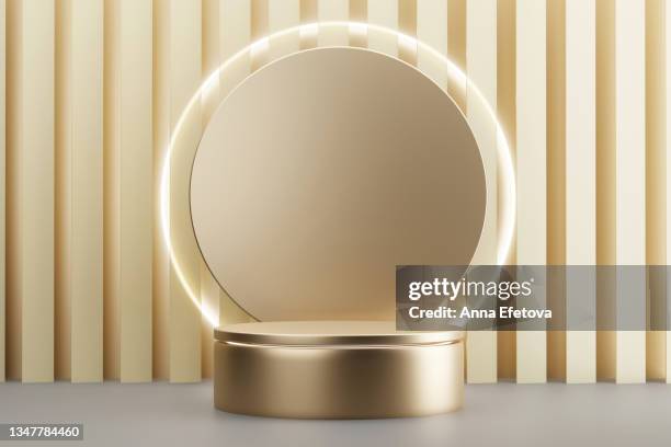 luxury cylindrical golden metal podium on abstract striped golden background with circle. perfect platform for showing your products. three dimensional illustration - neon gold stock pictures, royalty-free photos & images