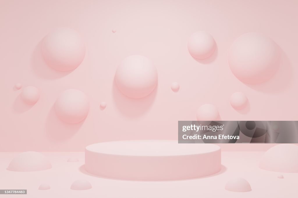 Cylindrical pink podium on abstract pastel pink background with many spheres. Perfect platform for showing your beauty products. Three dimensional illustration