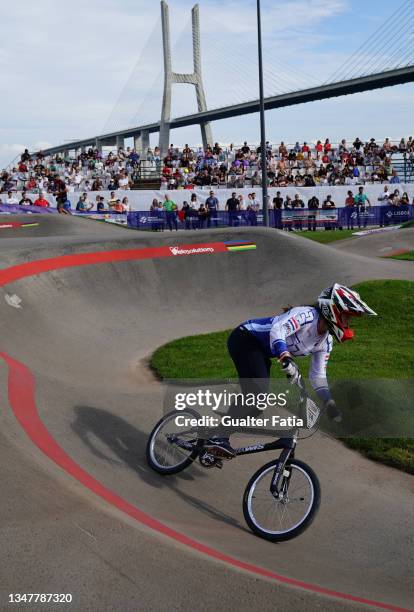 Lieke Klaus from the Netherlands in action during the Red Bull UCI Pump Track World Championships at Parque das Nacoes on October 17, 2021 in Lisbon,...