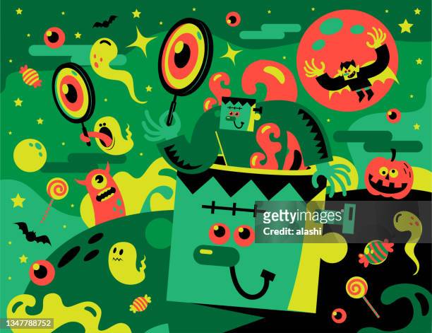 small frankenstein coming out of the giant frankenstein's open head and holding a magnifying glass, vampire flying in the dark sky - offbeat stock illustrations