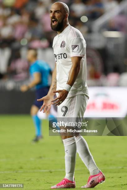 Gonzalo Higuain of Inter Miami CF reacts against Toronto FC during the first half at DRV PNK Stadium on October 20, 2021 in Fort Lauderdale, Florida.