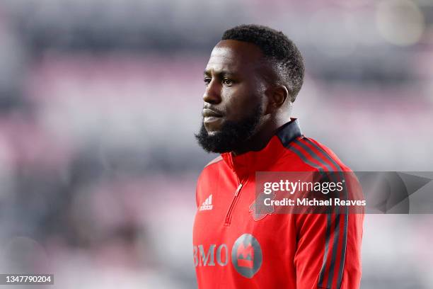 Jozy Altidore of Toronto FC looks on prior to the game against Inter Miami CF at DRV PNK Stadium on October 20, 2021 in Fort Lauderdale, Florida.