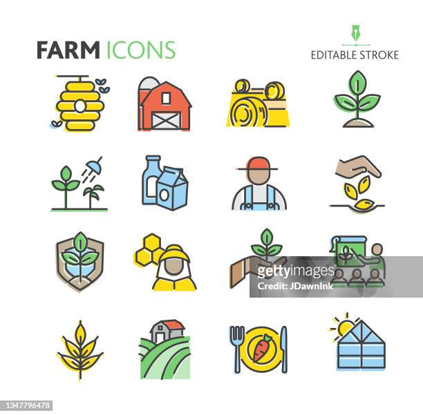 moderne farm und landwirtschaft icon konzepte bunte dünne linie stil - editierbare strich - harvest icon stock-grafiken, -clipart, -cartoons und -symbole