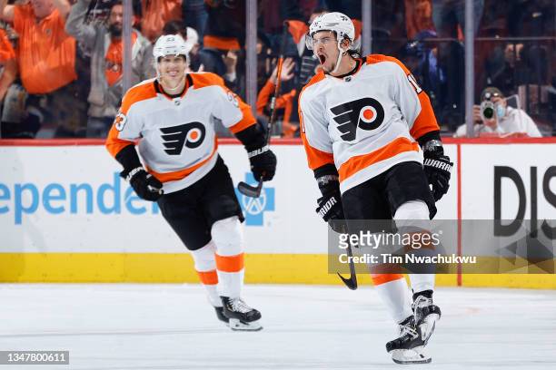 Travis Konecny of the Philadelphia Flyers celebrates after scoring during the third period against the Boston Bruins at Wells Fargo Center on October...
