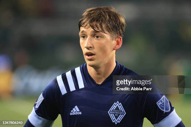 Ryan Gauld of the Vancouver Whitecaps reacts in the first half during a game against the Portland Timbers at Providence Park on October 20, 2021 in...
