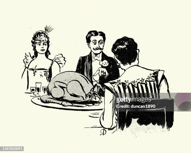 ilustraciones, imágenes clip art, dibujos animados e iconos de stock de caricatura francesa vintage, hombre no impresionado con una gran cena asada, ganso, pavo, 1890s, siglo 19 - pollo asado