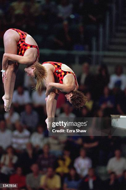 Emile Heymans and Anne Montminy of Canada perform in the Women's Synchronize 10m Final during the Sydney 2000 Olympic Games on September 28,2000 at...