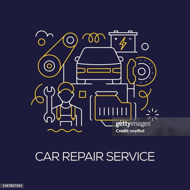 vector set of illustration car repair service concept. line art style background design for web page, banner, poster, print etc. vector illustration. - repair garage stock illustrations