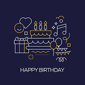 Vector Set of Illustration Happy Birthday Concept. Line Art Style Background Design for Web Page, Banner, Poster, Print etc. Vector Illustration.