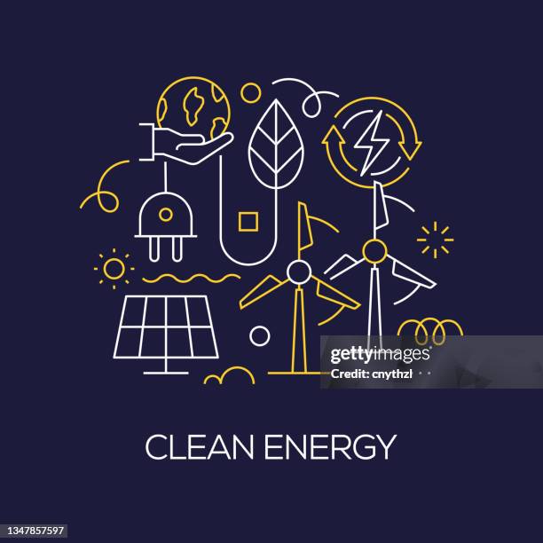 illustrazioni stock, clip art, cartoni animati e icone di tendenza di set vettoriale di illustrazione concetto di energia pulita. line art style background design per pagina web, banner, poster, stampa ecc. illustrazione vettoriale. - clean energy