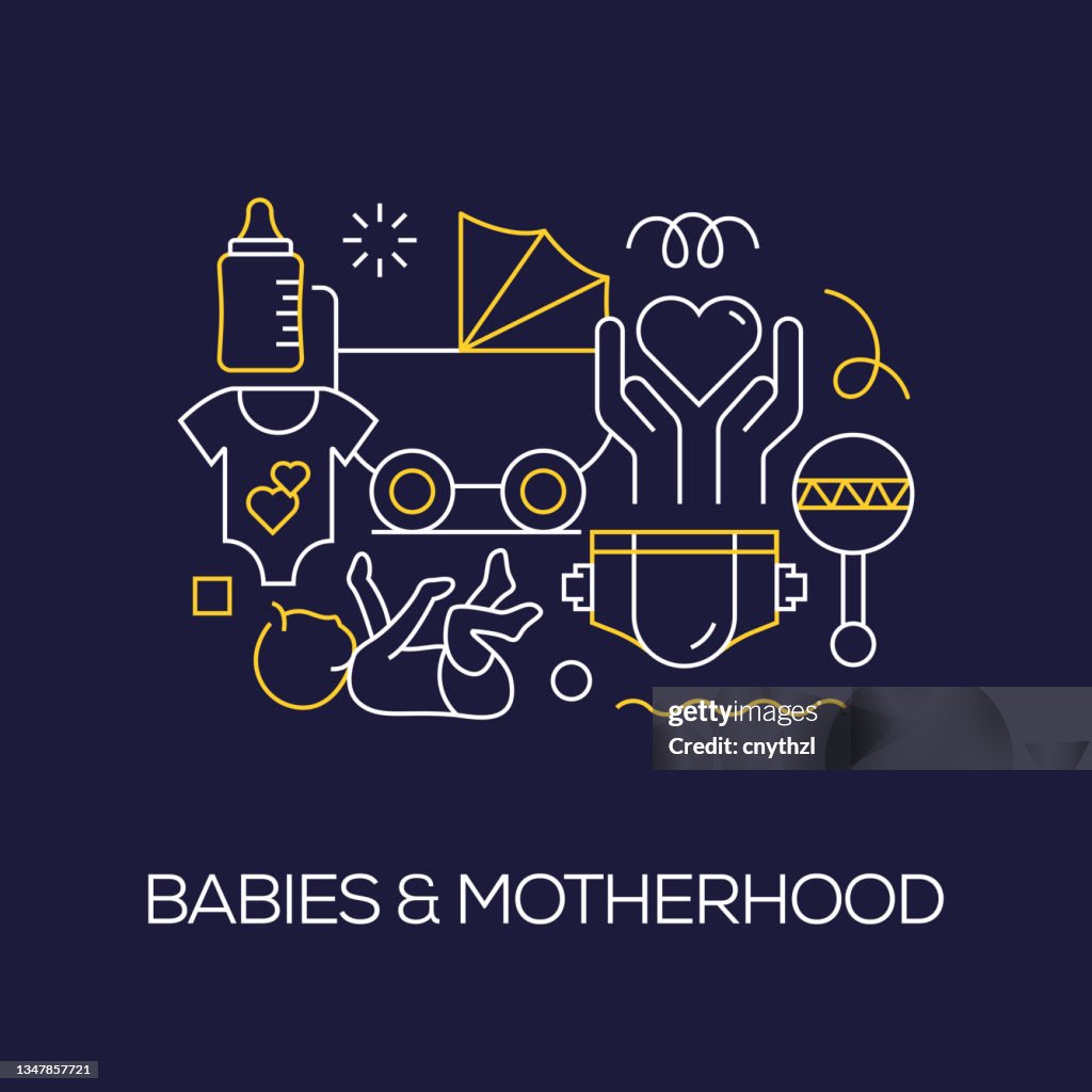Vector Set of Illustration Babies and Motherhood Concept. Line Art Style Background Design for Web Page, Banner, Poster, Print etc. Vector Illustration.