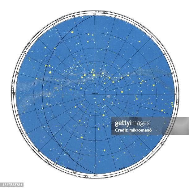 old engraved illustration of astronomy - southern sky star map - constellation map stockfoto's en -beelden