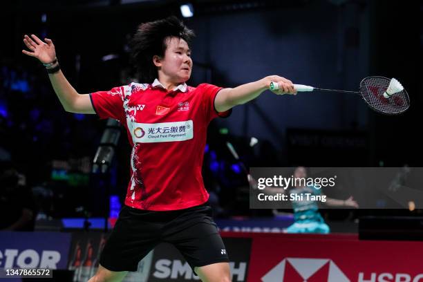 He Bingjiao of China competes in the Women's Singles second round match against Sayaka Takahashi of Japan on day three of the Denmark Open at Odense...