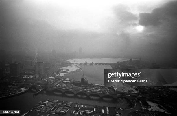 Air pollution over Charles River Basin aerial view, downtown Boston, Massachusetts, 1969.