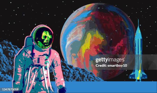 astronaut in alien landscape - rocket landing stock illustrations