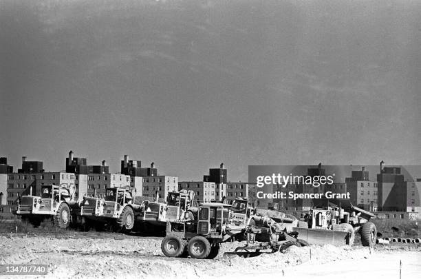 Umass construction begins, Columbia Point, Dorchester, Boston, Massachusetts, 1972.