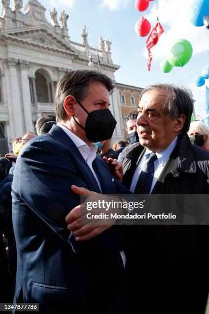 Italian president of the Movimento 5 Stelle Giuseppe Conte and the mayor of Palermo Leoluca Orlando during the unitary anti-fascist demonstration of...