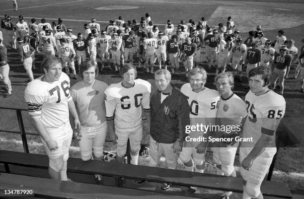 Northeastern University football team and coach, Boston, Massachusetts, 1971.