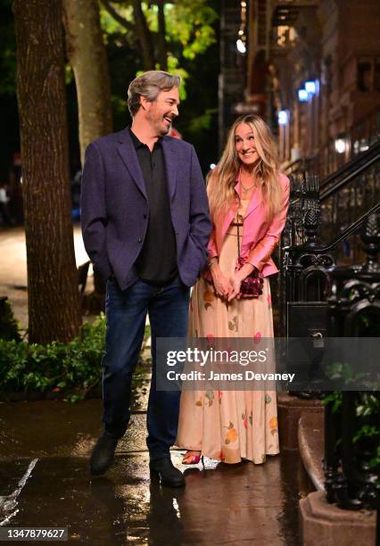 Jon Tenney and Sarah Jessica Parker seen on the set of "And Just Like That..." the follow up series to "Sex and the City" in the West Village on...