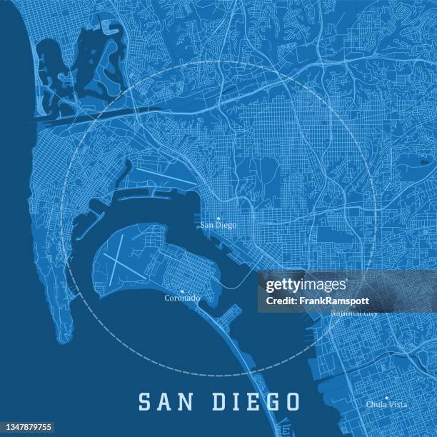 stockillustraties, clipart, cartoons en iconen met san diego ca city vector road map blue text - coronado island