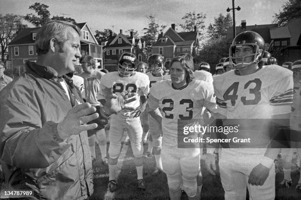 Northeastern University football team and coach, Boston, Massachusetts, 1971.
