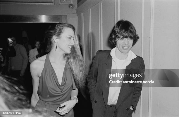 American model and actress Jerry Hall and her partner British singer, songwriter and leader of the rock band The Rolling Stones, at a party at Studio...