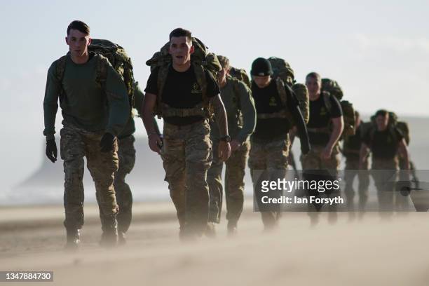 Soldiers from 4th Regiment Royal Artillery take part in a Regimental physical training session on Saltburn beach on October 21, 2021 in...