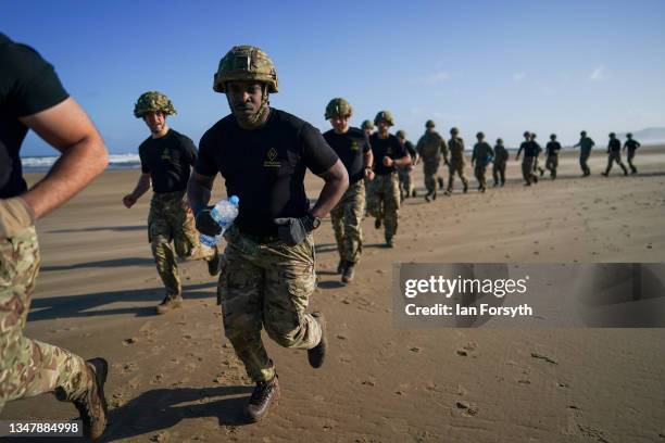 Soldiers from 4th Regiment Royal Artillery take part in a Regimental physical training session on Saltburn beach on October 21, 2021 in...