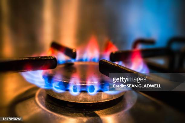 flames on gas hob - gas cooker stockfoto's en -beelden