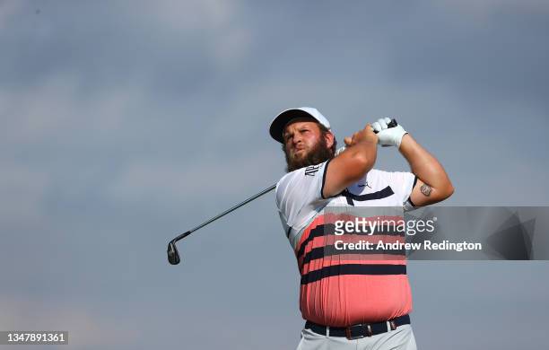 Andrew Johnston of England tees off on the seventh hole during the first round of the Mallorca Open at Golf Santa Ponsa on October 21, 2021 in...