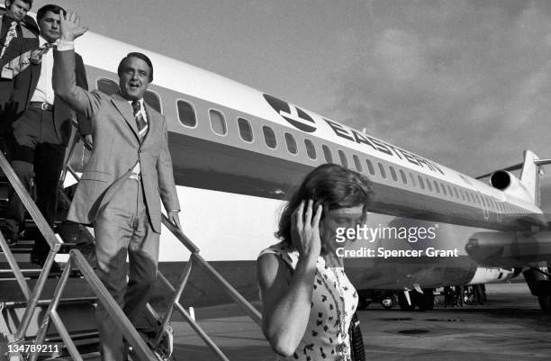 Eunice and Sargent Shriver arrive at Logan Airport, East Boston, Massachusetts, 1972.
