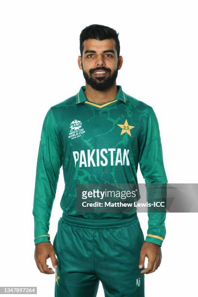 Shadab Khan of Pakistan poses for a headshot prior to the ICC Men's T20 World Cup on October 19, 2021 in Dubai, United Arab Emirates.