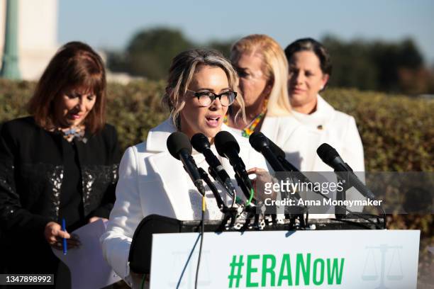 Actress Alyssa Milano speaks at a press conference on the Equal Rights Amendment on Capitol Hill on October 21, 2021 in Washington, DC. Lawmakers and...