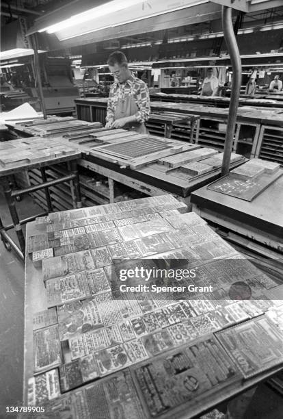 Hot type in Boston Globe composing room, Dorchester, Boston, Massachusetts, 1972.