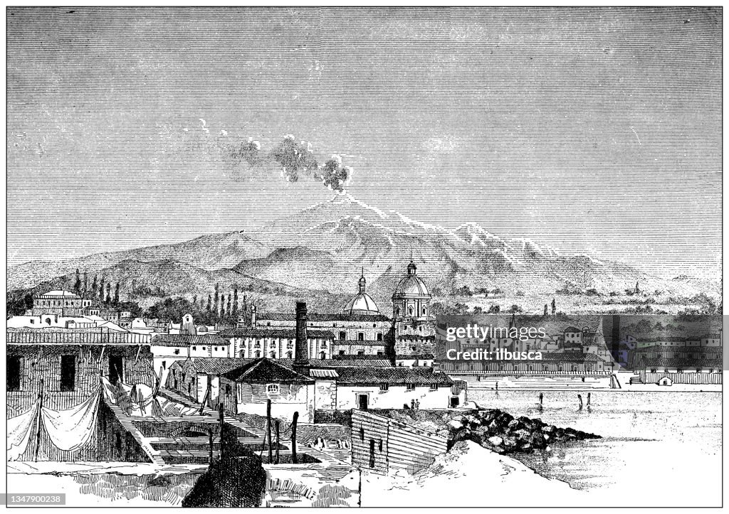 Antique illustration: Etna Volcano, Sicily, Italy
