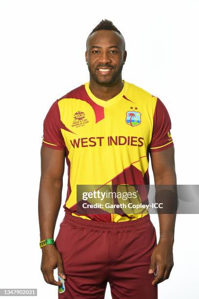 Andre Russell of West Indies poses for a headshot prior to the ICC Men's T20 World Cup on October 19, 2021 in Abu Dhabi, United Arab Emirates.