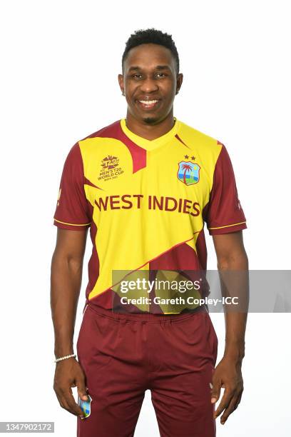 Dwayne Bravo of West Indies poses for a headshot prior to the ICC Men's T20 World Cup on October 19, 2021 in Abu Dhabi, United Arab Emirates.