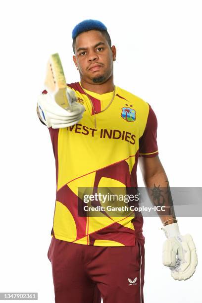 Shimron Hetmyer of West Indies poses for a headshot prior to the ICC Men's T20 World Cup on October 19, 2021 in Abu Dhabi, United Arab Emirates.