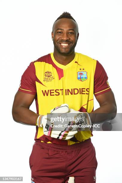 Andre Russell of West Indies poses for a headshot prior to the ICC Men's T20 World Cup on October 19, 2021 in Abu Dhabi, United Arab Emirates.