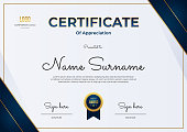 Luxury certificate award template on dark blue, white and gold color background, multipurpose certificate border with badge design