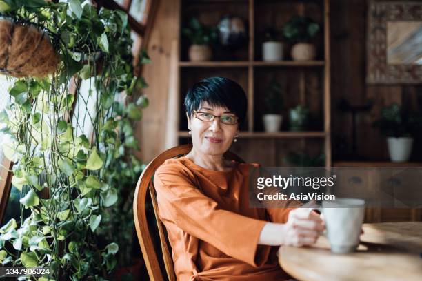 portrait of senior asian woman having a cup of coffee, sitting at home by the window with green plants, relaxing and having a quiet moment - asian woman drinking tea stock pictures, royalty-free photos & images