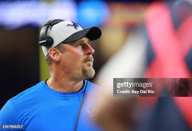 Head Coach Dan Campbell of the Detroit Lions reacts during the second half against the Cincinnati Bengals at Ford Field on October 17, 2021 in...