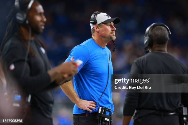 Head Coach Dan Campbell of the Detroit Lions reacts during the second half against the Cincinnati Bengals at Ford Field on October 17, 2021 in...