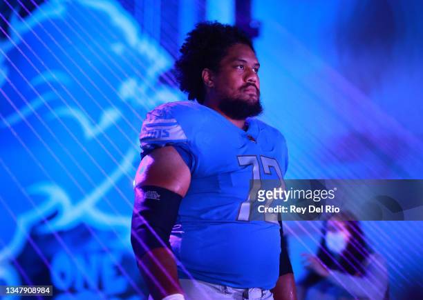 Halapoulivaati Vaitai of the Detroit Lions looks on before the game against the Cincinnati Bengals at Ford Field on October 17, 2021 in Detroit,...