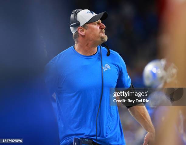 Head Coach Dan Campbell of the Detroit Lions reacts during the second half against the Cincinnati Bengals at Ford Field on October 17, 2021 in...