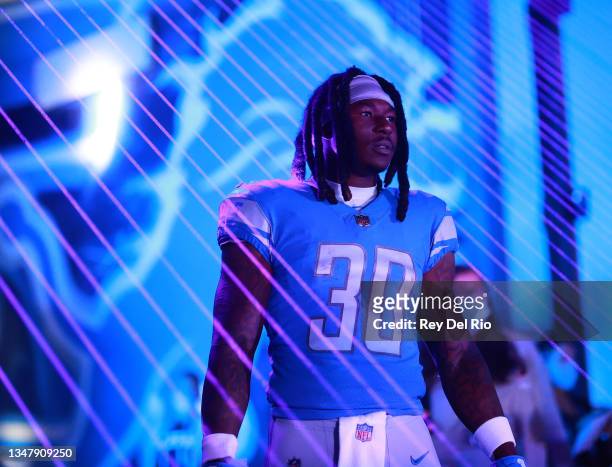 Jamaal Williams of the Detroit Lions looks on before the game against the Cincinnati Bengals at Ford Field on October 17, 2021 in Detroit, Michigan.