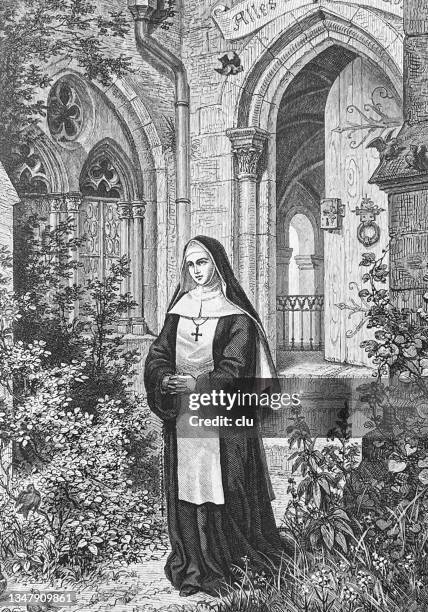 stockillustraties, clipart, cartoons en iconen met young nun praying in the monastery garden - zuster